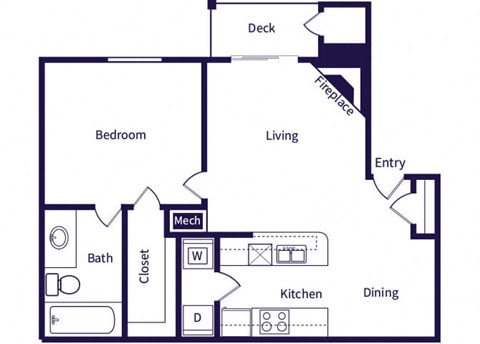 Floor plan for 1 bed, 1 bath, 750 sqft