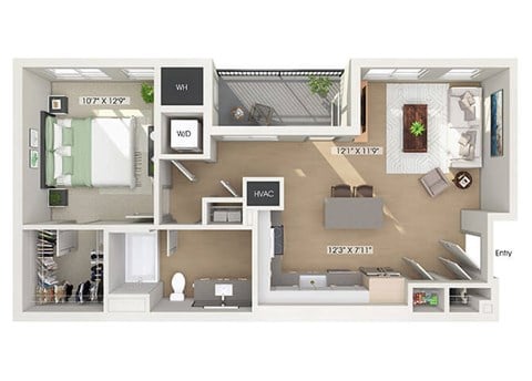 Floor plan for 1 bed, 1 bath, 768 sqft