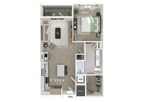 Floor plan for 1 bed, 1 bath, 770 sqft