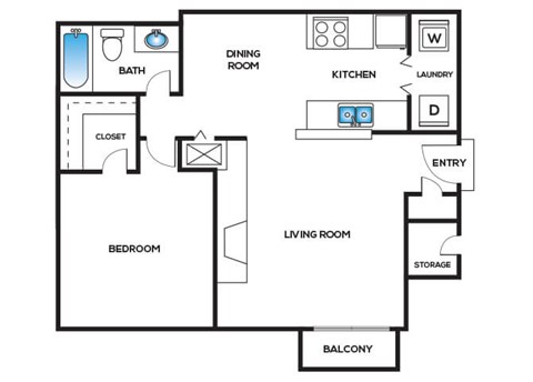 Floor plan for 1 bed, 1 bath, 783 sqft