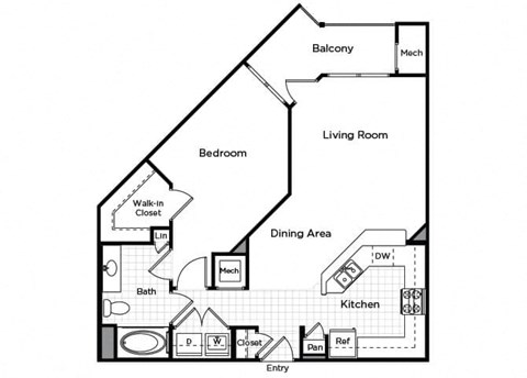 Floor plan for 1 bed, 1 bath, 794 sqft