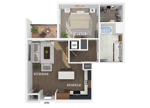 Floor plan for 1 bed, 1 bath, 805 sqft