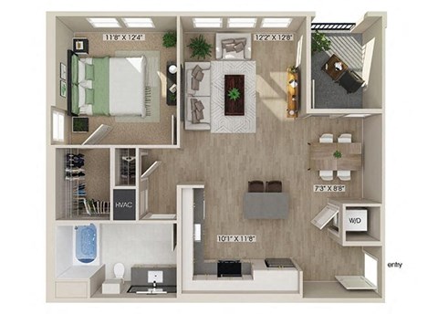 Floor plan for 1 bed, 1 bath, 834 sqft