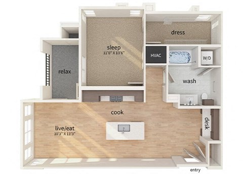 Floor plan for 1 bed, 1 bath, 834 sqft