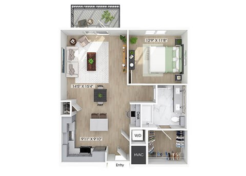 Floor plan for 1 bed, 1 bath, 846 sqft