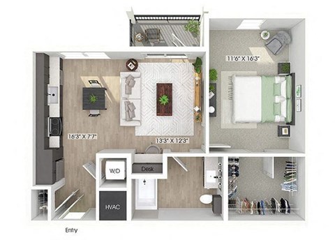 Floor plan for 1 bed, 1 bath, 731 sqft