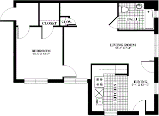 Floor plan for 1 bed, 1 bath, 766 sqft
