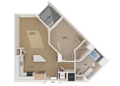 Floor plan for 1 bed, 1 bath, 766 sqft