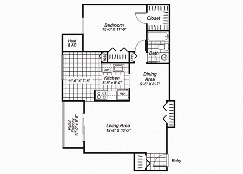 Floor plan for 1 bed, 1 bath, 789 sqft