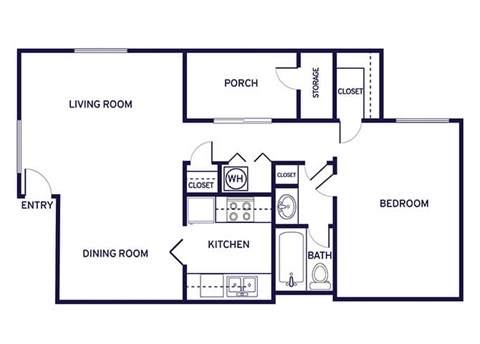 Floor plan for 1 bed, 1 bath, 735 sqft