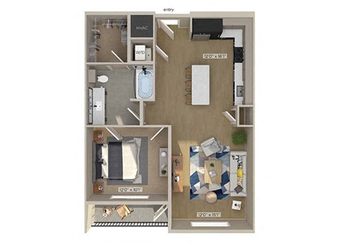 Floor plan for 1 bed, 1 bath, 760 sqft