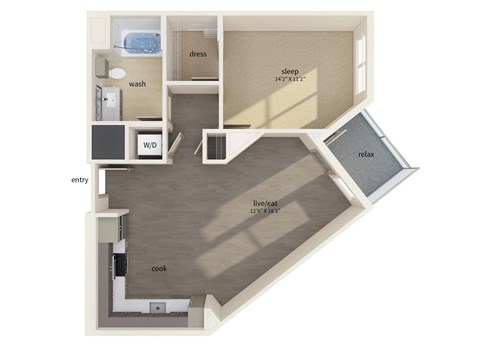 Floor plan for 1 bed, 1 bath, 772 sqft
