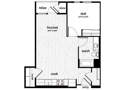 Floor plan for 1 bed, 1 bath, 696 sqft