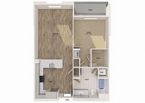 Floor plan for 1 bed, 1 bath, 829 sqft