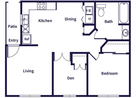 Floor plan for 1 bed, 1 bath, 750 sqft