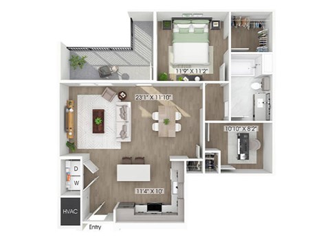 Floor plan for 1 bed, 1 bath, 939 sqft