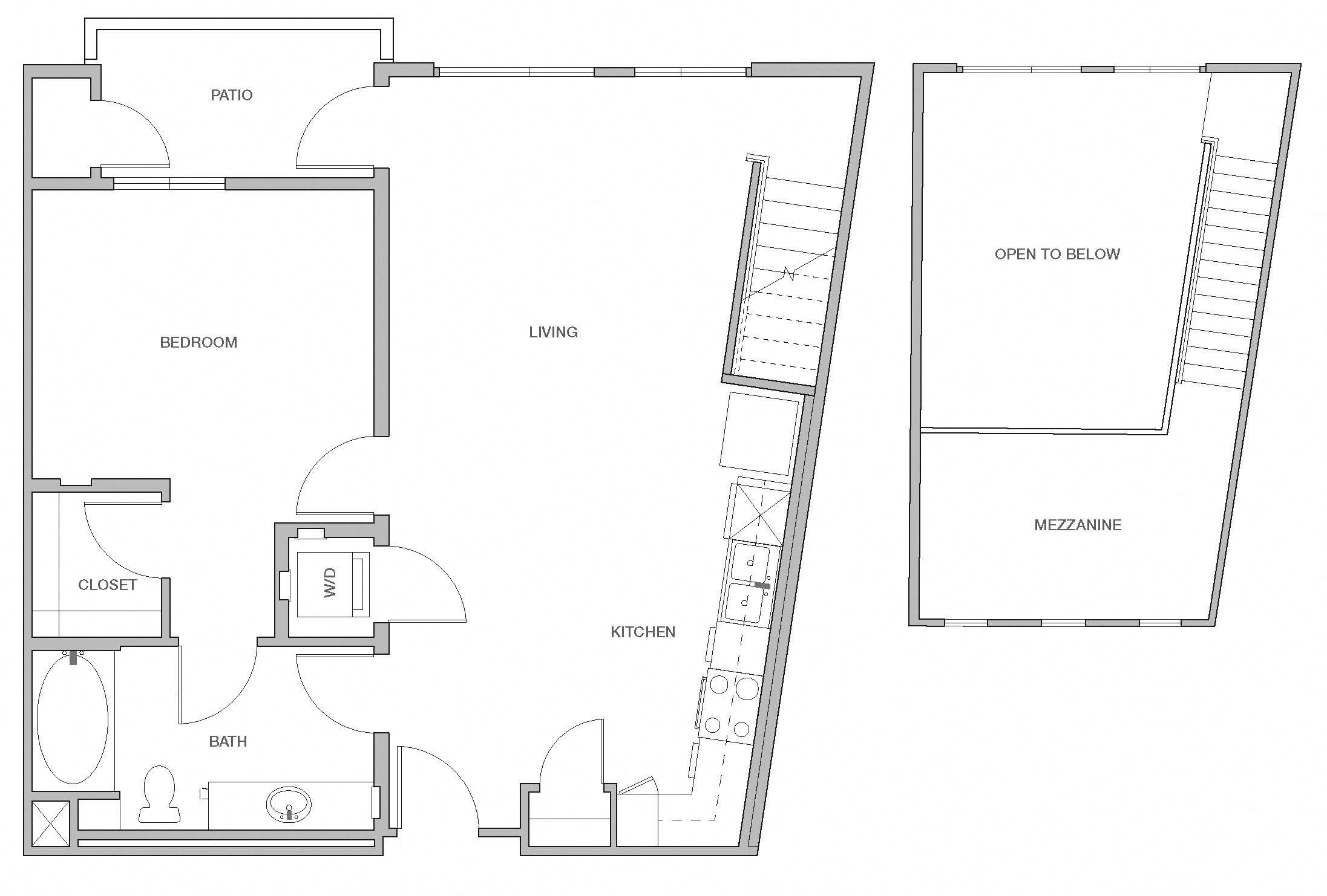 Floor plan for 1 bed, 1 bath, 912 sqft