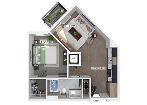 Floor plan for 1 bed, 1 bath, 624 sqft