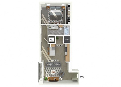 Floor plan for 1 bed, 1 bath, 684 sqft