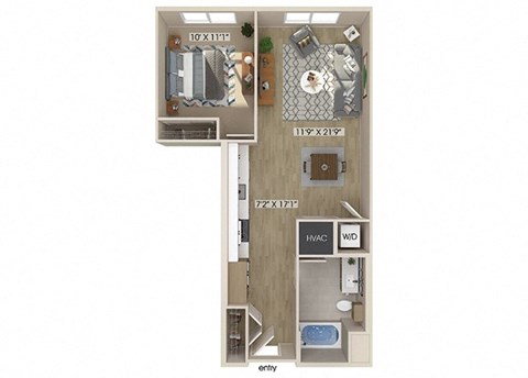 Floor plan for 1 bed, 1 bath, 691 sqft