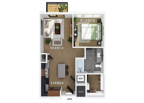 Floor plan for 1 bed, 1 bath, 704 sqft