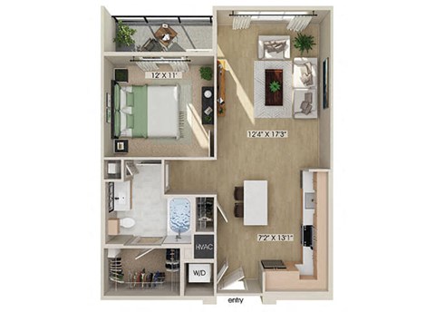 Floor plan for 1 bed, 1 bath, 745 sqft