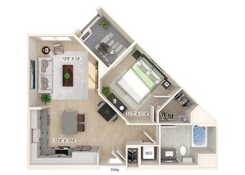 Floor plan for 1 bed, 1 bath, 702 sqft
