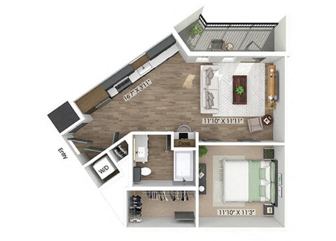 Floor plan for 1 bed, 1 bath, 705 sqft