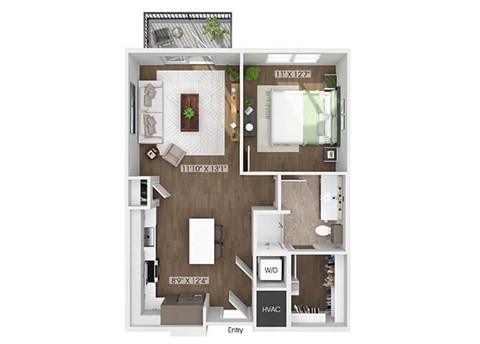 Floor plan for 1 bed, 1 bath, 714 sqft