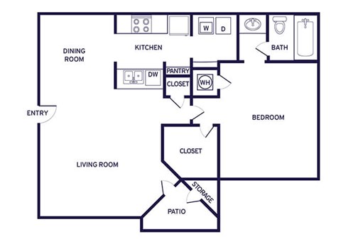 Floor plan for 1 bed, 1 bath, 715 sqft