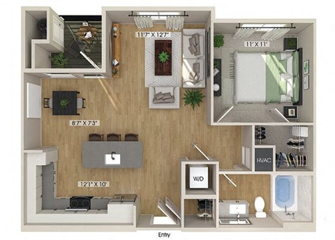 Floor plan for 1 bed, 1 bath, 731 sqft