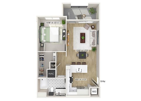 Floor plan for 1 bed, 1 bath, 732 sqft