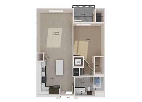 Floor plan for 1 bed, 1 bath, 751 sqft