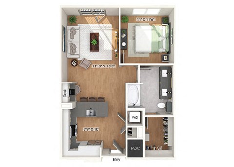 Floor plan for 1 bed, 1 bath, 773 sqft