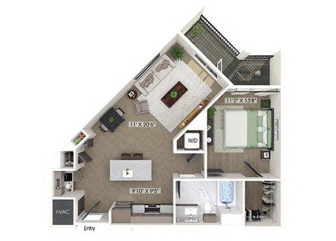 Floor plan for 1 bed, 1 bath, 776 sqft
