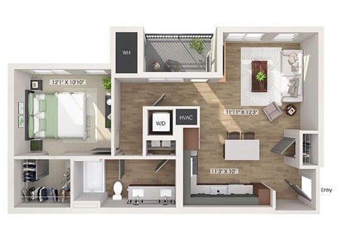 Floor plan for 1 bed, 1 bath, 781 sqft