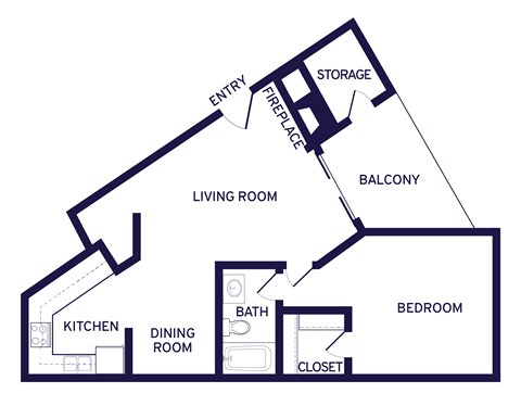 Floor plan for 1 bed, 1 bath, 800 sqft
