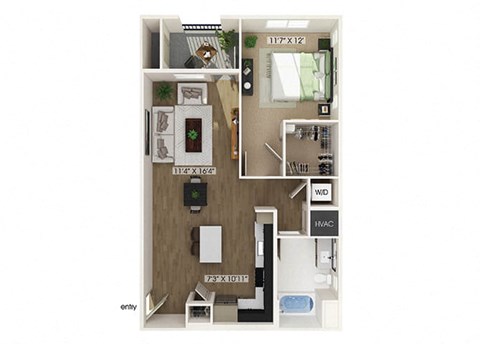Floor plan for 1 bed, 1 bath, 834 sqft