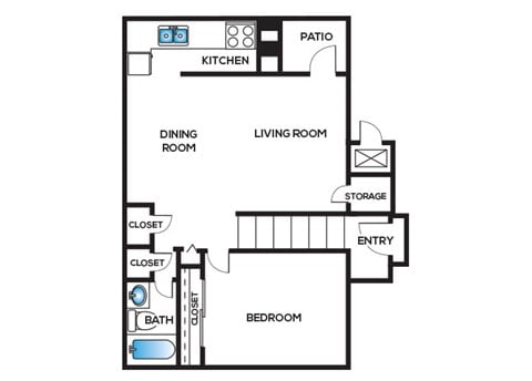 Floor plan for 1 bed, 1 bath, 864 sqft