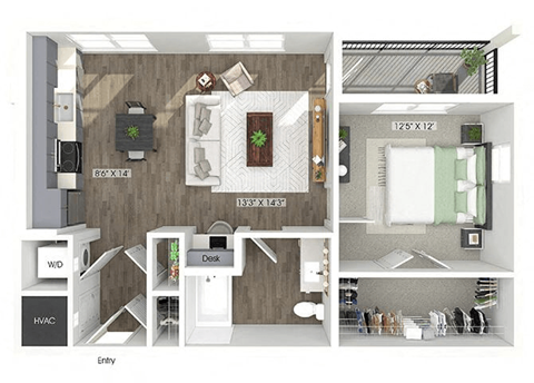 Floor plan for 1 bed, 1 bath, 771 sqft