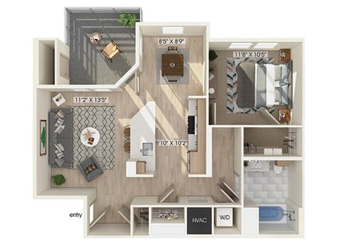 Floor plan for 1 bed, 1 bath, 849 sqft
