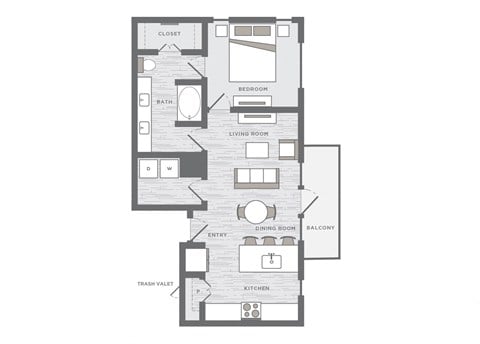 Floor plan for 1 bed, 1 bath, 789 sqft
