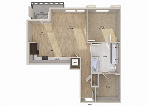 Floor plan for 1 bed, 1 bath, 837 sqft