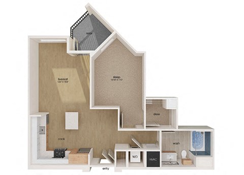 Floor plan for 1 bed, 1 bath, 766 sqft