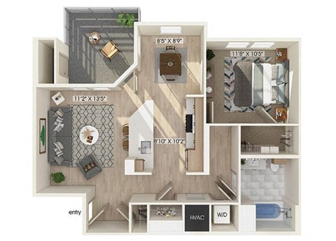 Floor plan for 1 bed, 1 bath, 767 sqft