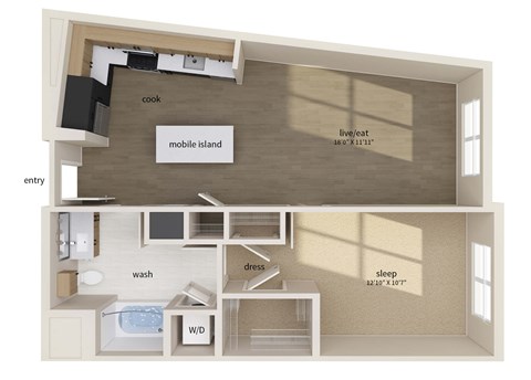 Floor plan for 1 bed, 1 bath, 788 sqft
