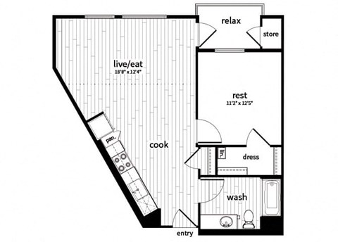 Floor plan for 1 bed, 1 bath, 714 sqft
