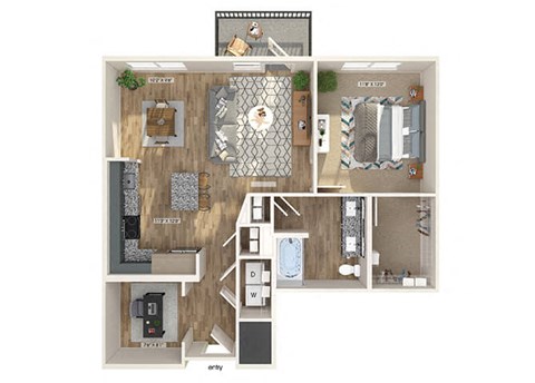 Floor plan for 1 bed, 1 bath, 897 sqft
