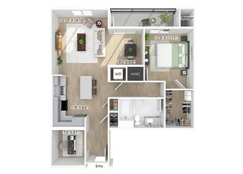 Floor plan for 1 bed, 1 bath, 958 sqft