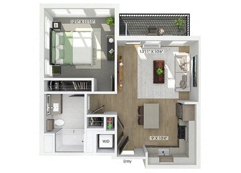 Floor plan for 1 bed, 1 bath, 640 sqft